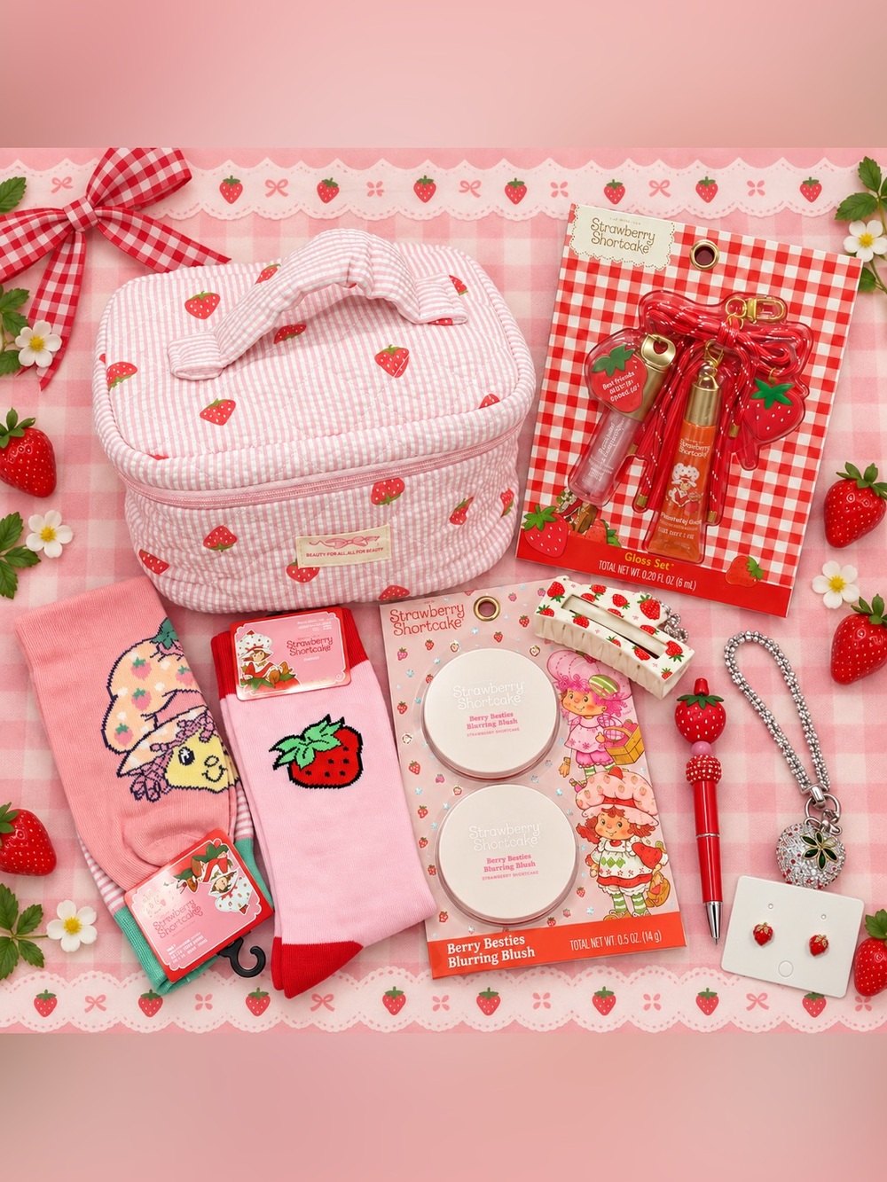Strawberry Pink Cosmetic Bag & Accessories Set
